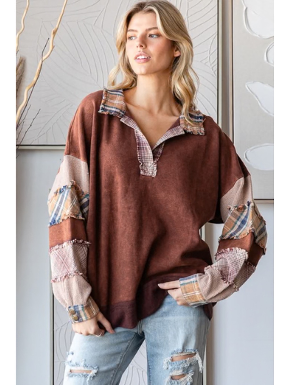New: Oli & Hali Boho Mixed Patchwork Plaid Detail Relaxed Fit Pullover Top• M